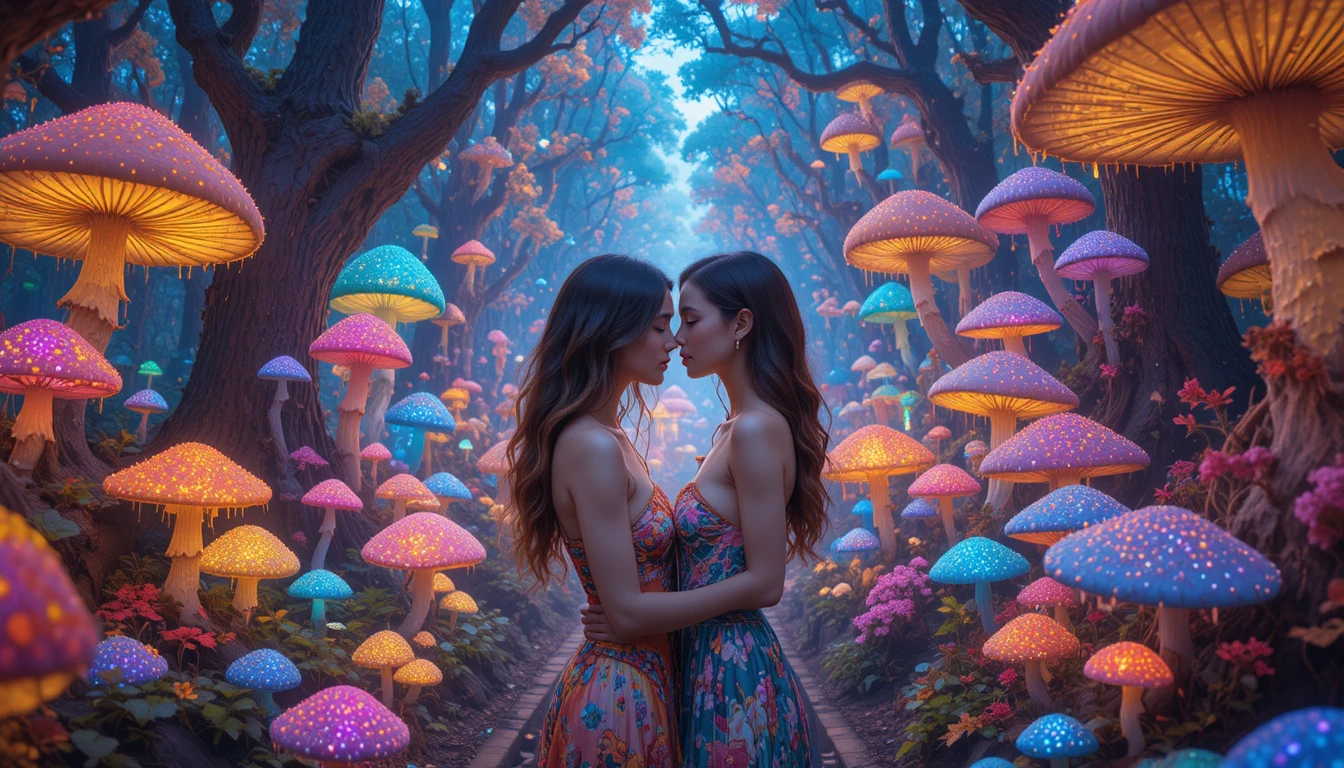 Lesbian couple walking in a colorful fantasy mushroom forest