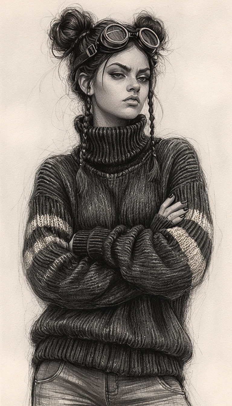 Jeune fille rebelle avec lunettes, portrait au crayon bras croisés