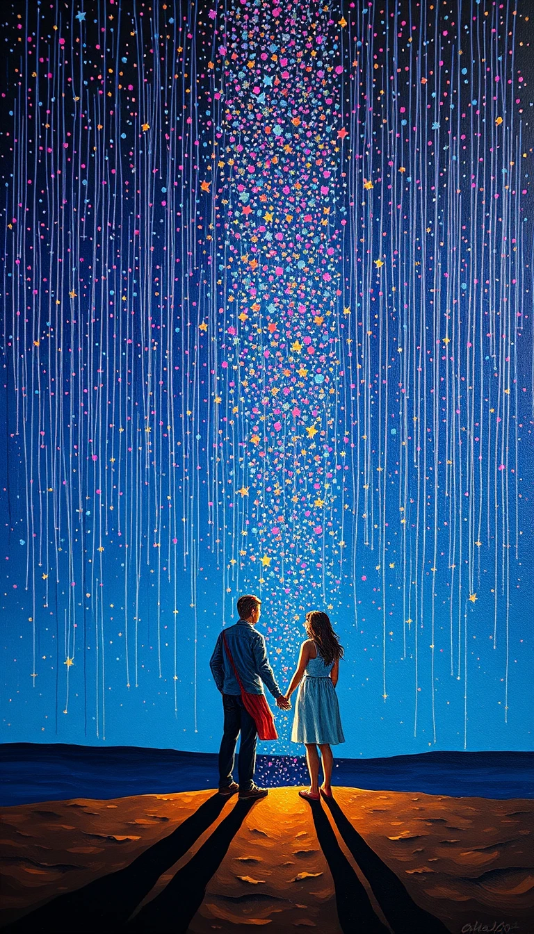 Casal sob uma chuva de estrelas coloridas na noite