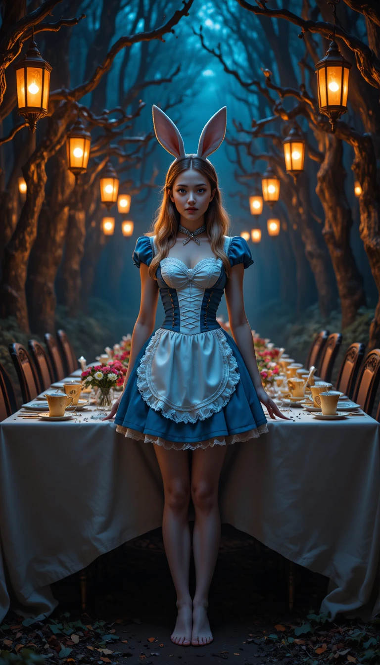 Garota descalça inspirada em Alice em uma mesa na floresta iluminada por lanternas