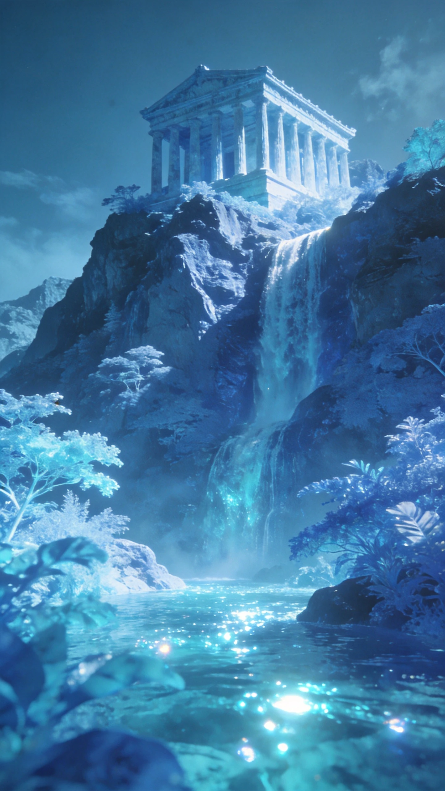 Antico tempio greco sopra cascate in un paesaggio blu surreale