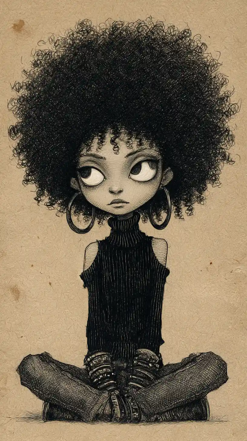 Retrato gótico em grafite de uma mulher com grandes olhos brancos