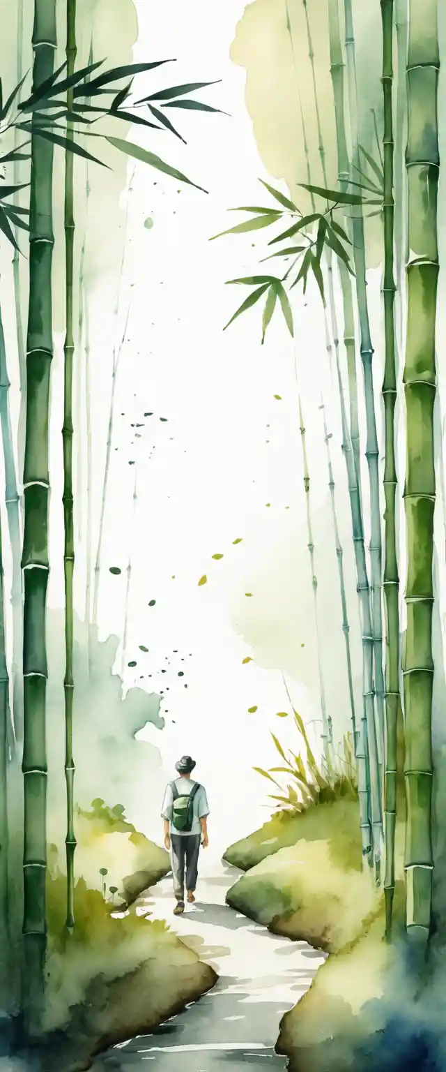 Homem Caminhando em Direção a uma Floresta de Bambu em Estilo Aquarela