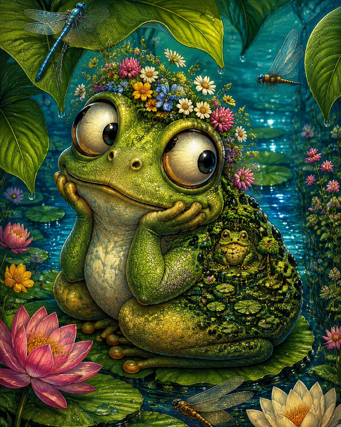 Sapo fofo ouvindo sob enormes folhas tropicais