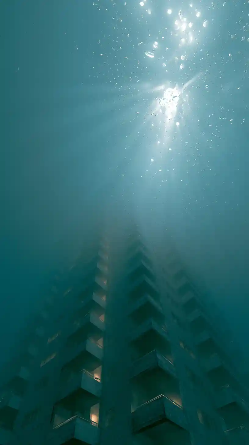 Surreal underwater architecture bathed in soft spectral sunlight