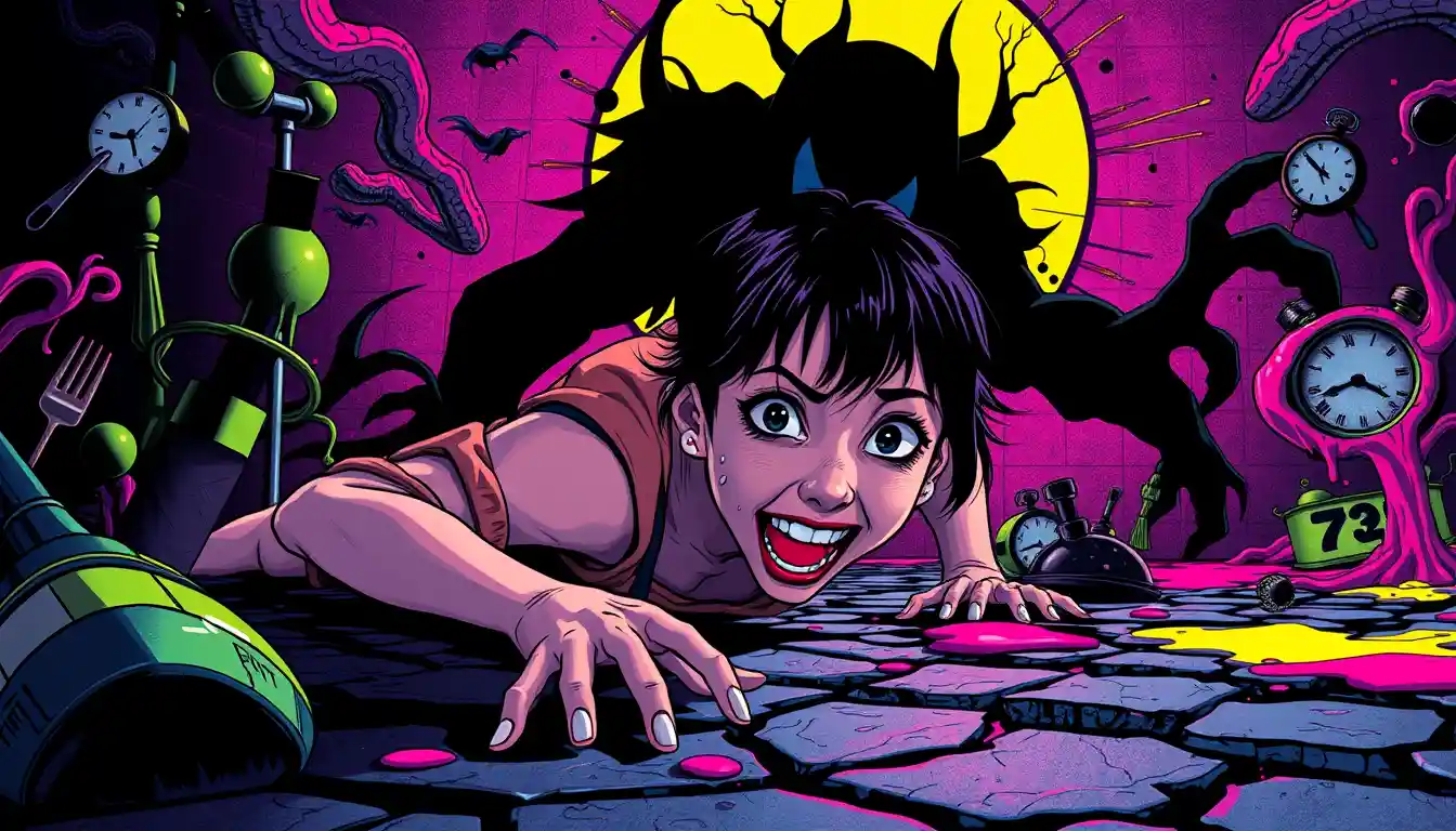 Mulher aterrorizada rastejando por um pesadelo surreal em quadrinhos