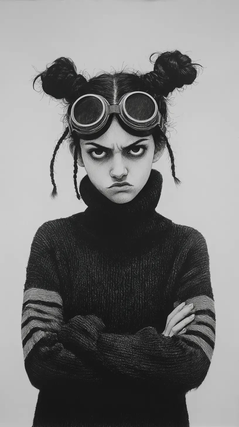 Moody girl with goggles in black and white pencil portrait