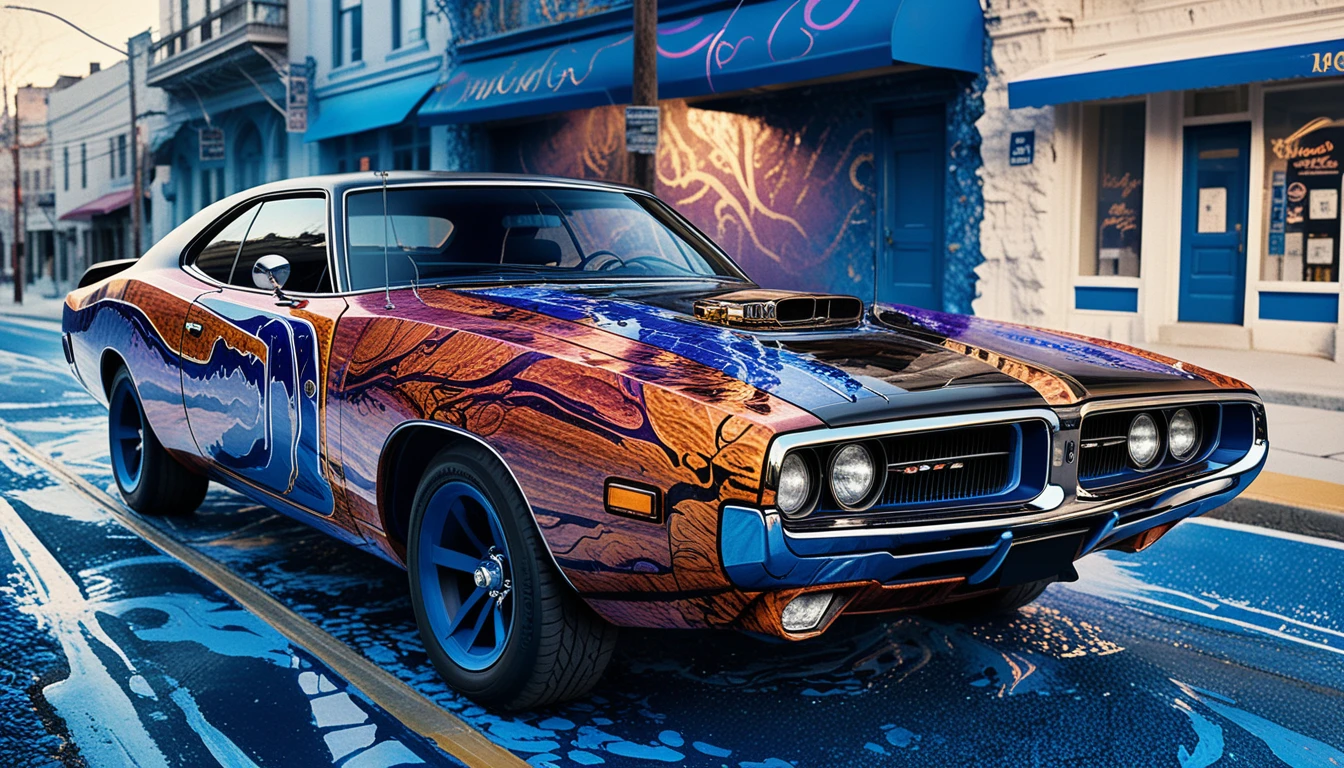 Surrealer Muscle-Car auf neonbeleuchteter Stadtstraße in der Dämmerung