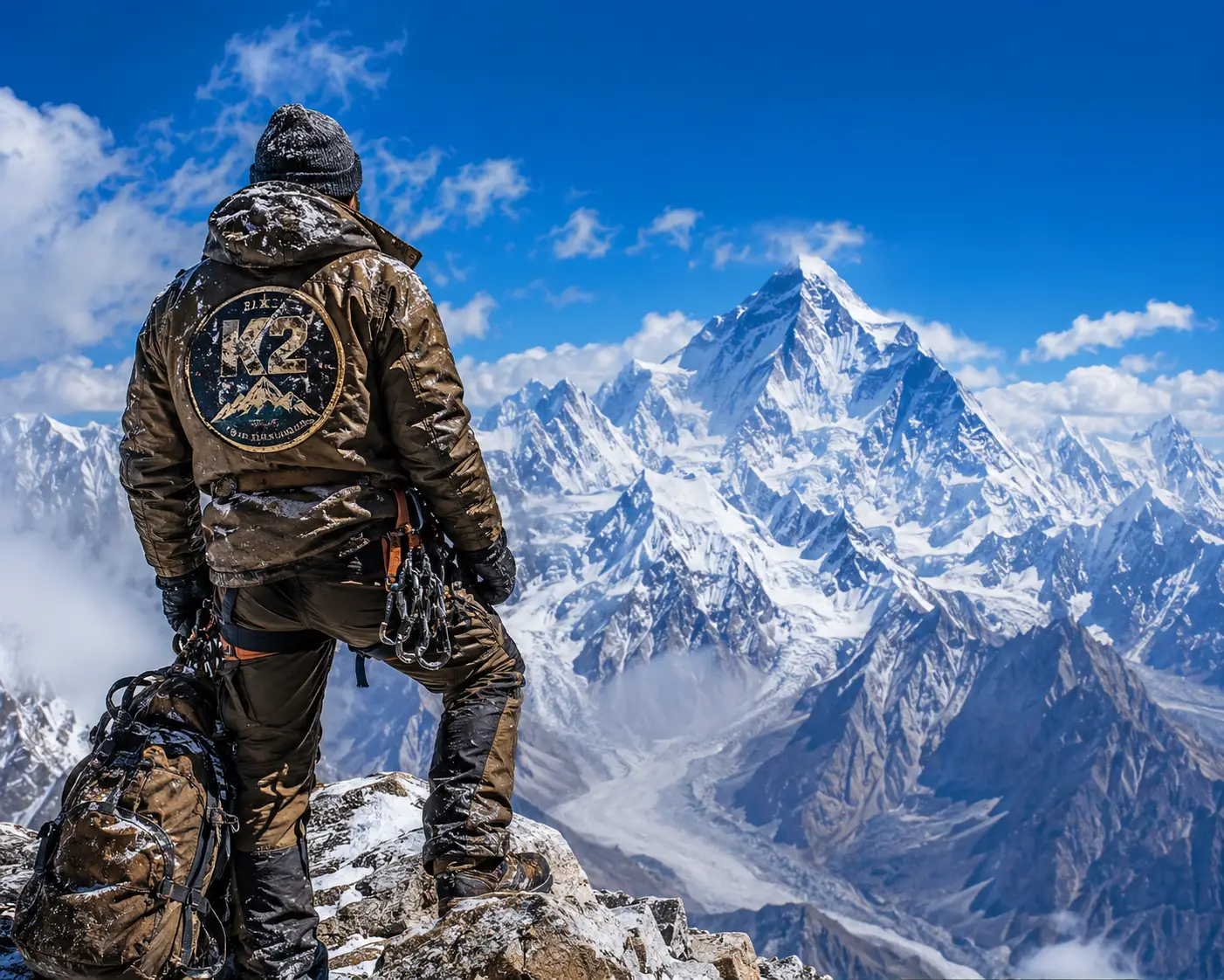 Hiker celebrating on a snowy mountain summit under blue sky