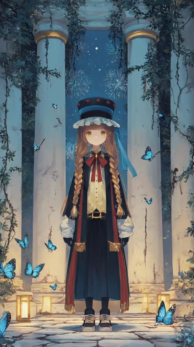 Anime girl in ornate outfit standing in temple hall