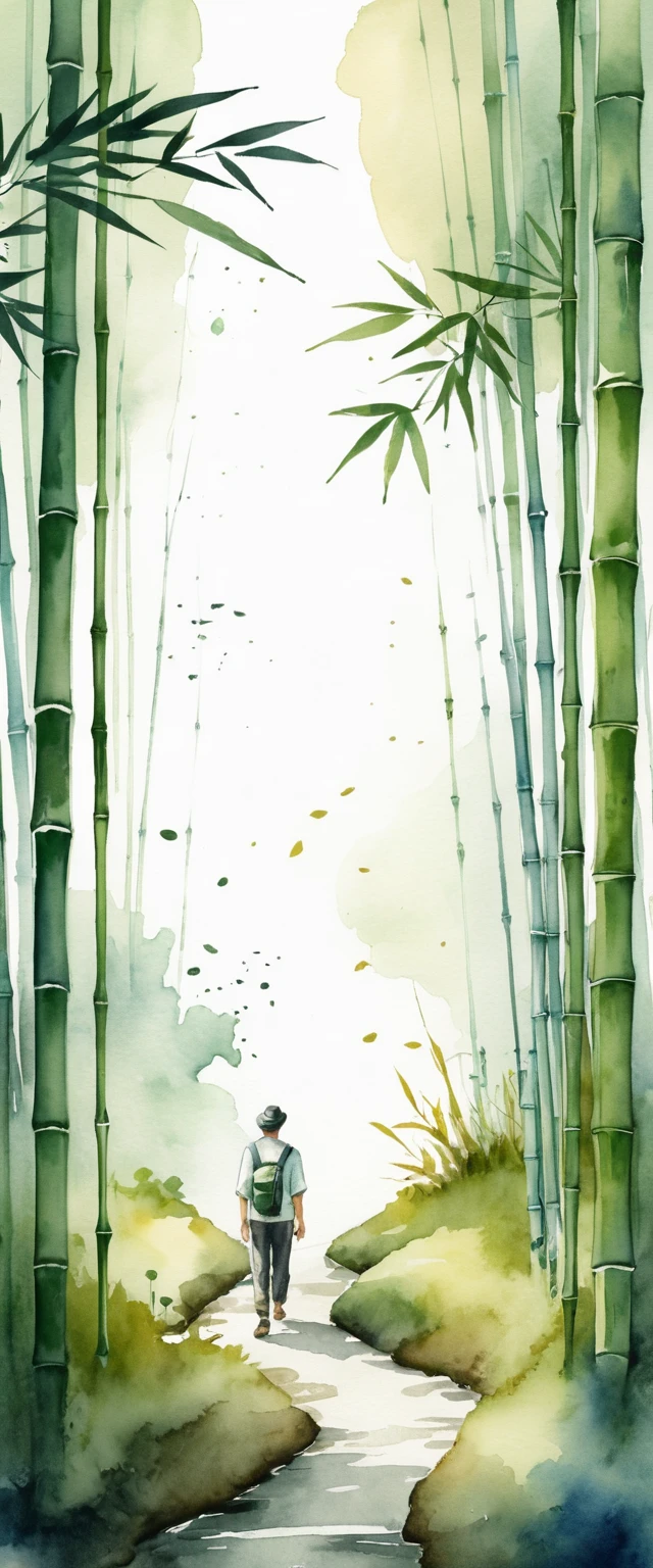 Homem Caminhando em Direção a uma Floresta de Bambu em Estilo Aquarela