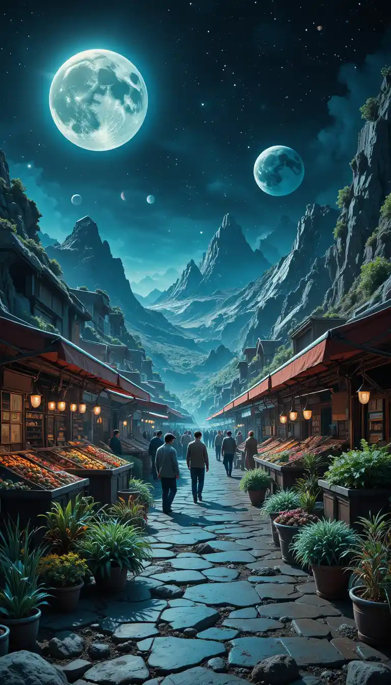 Außerirdische Händler füllen einen futuristischen Markt auf einem terraformten Mond