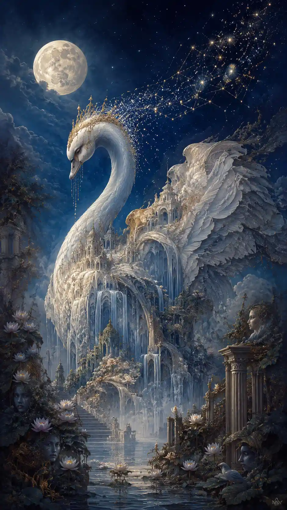 Princesa olvidada que se transforma en un cisne celestial de mármol