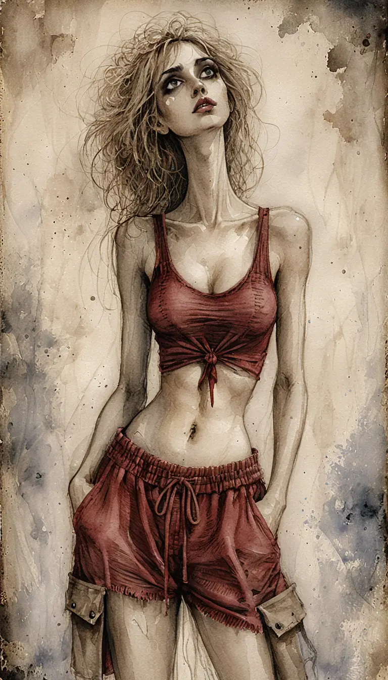Gothic woman with elongated body in textured charcoal illustration