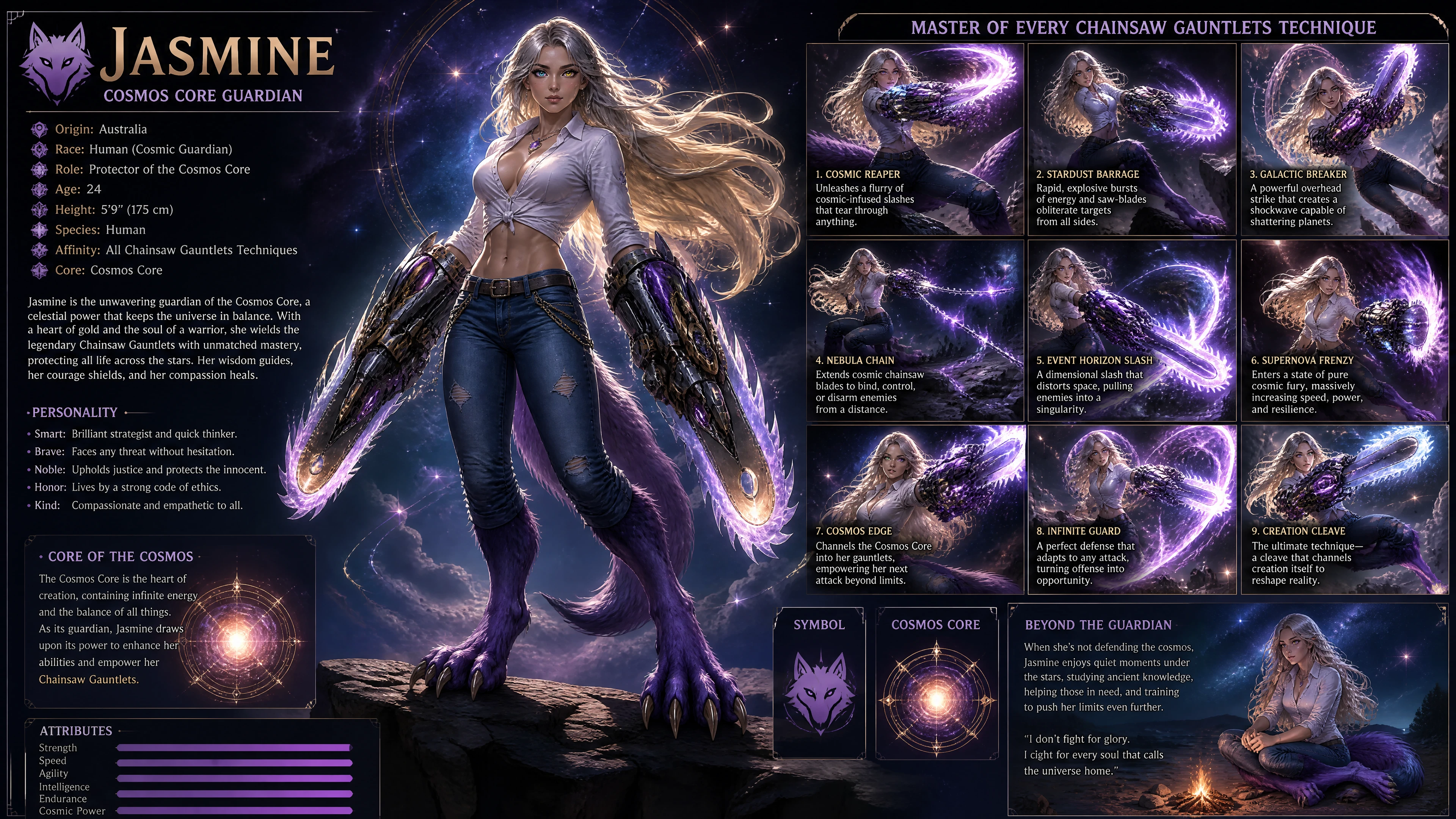 Heroic cosmic guardian woman with wolf legs