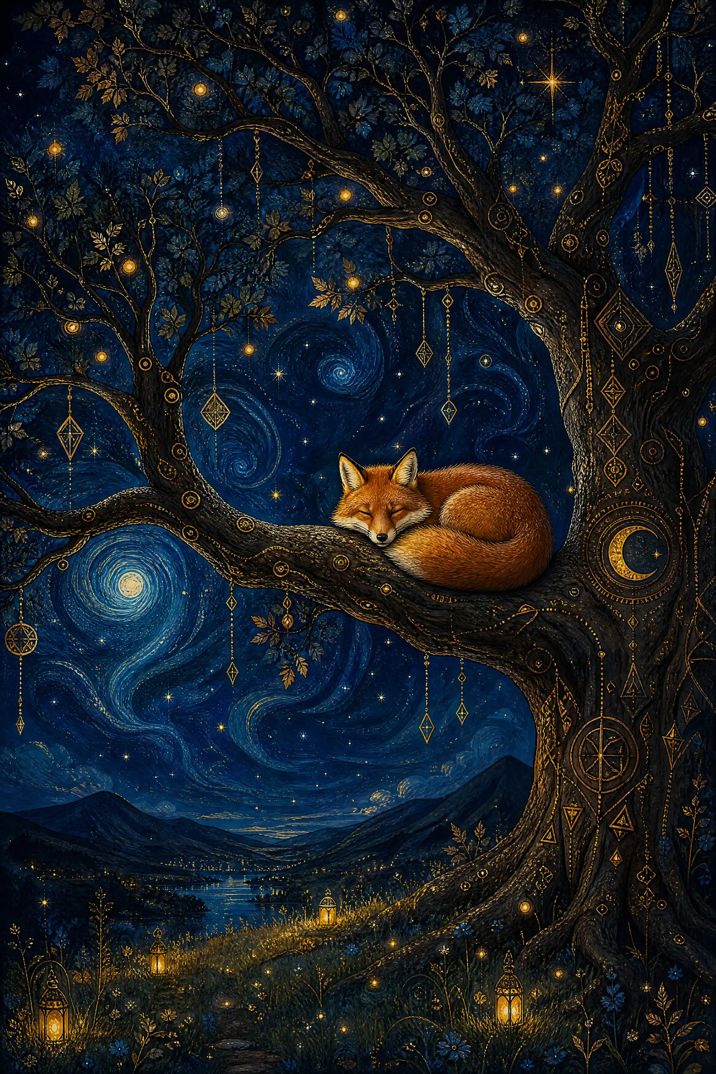 Sleeping red fox on a glowing tree branch at night