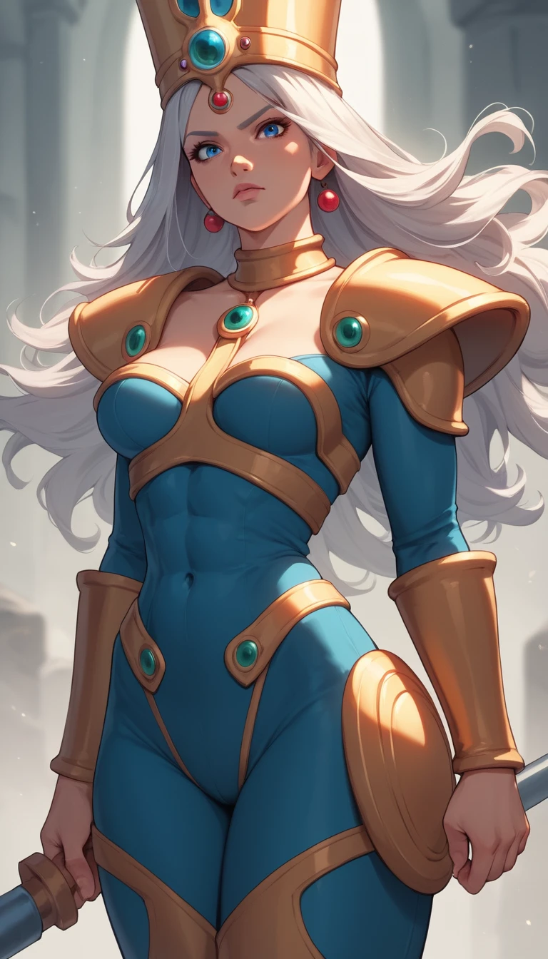 Reine guerrière d’anime aux longs cheveux platine et aux yeux bleus