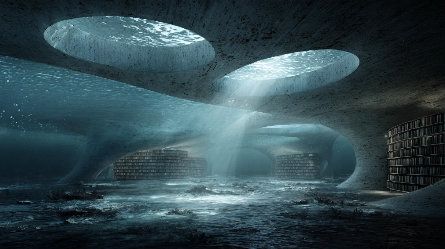 Ruínas de uma biblioteca fantástica submersa sob a luz cintilante do oceano