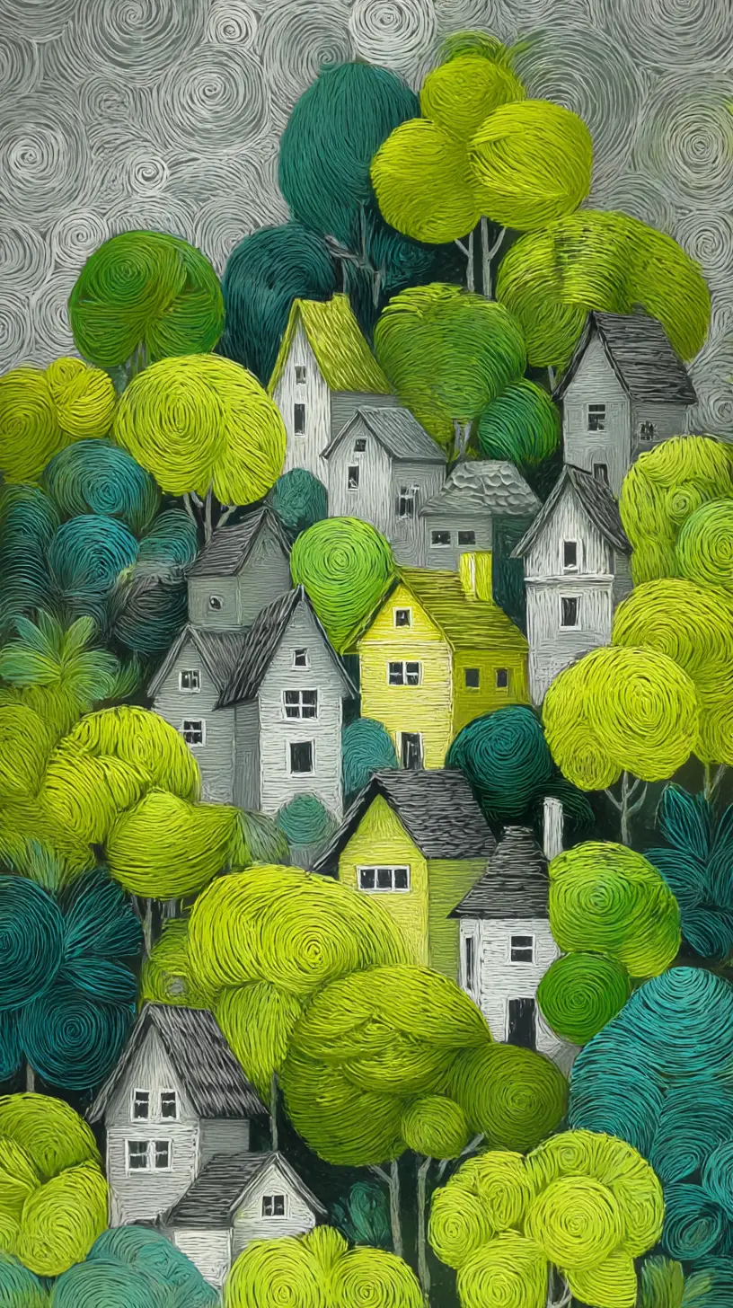 Whimsical folk art village with stylized trees and houses