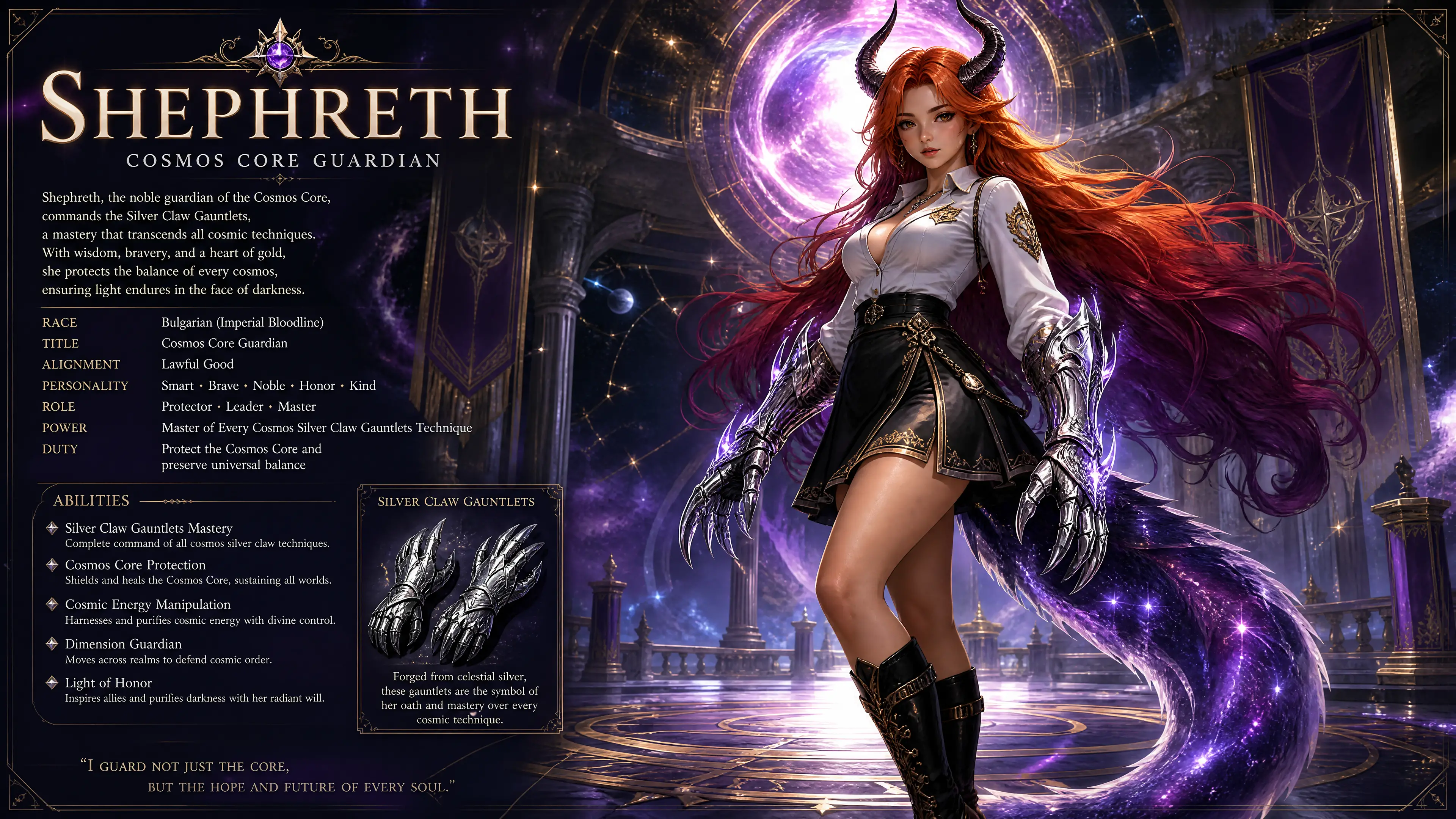 Brave horned guardian woman with cosmic tail and gauntlets