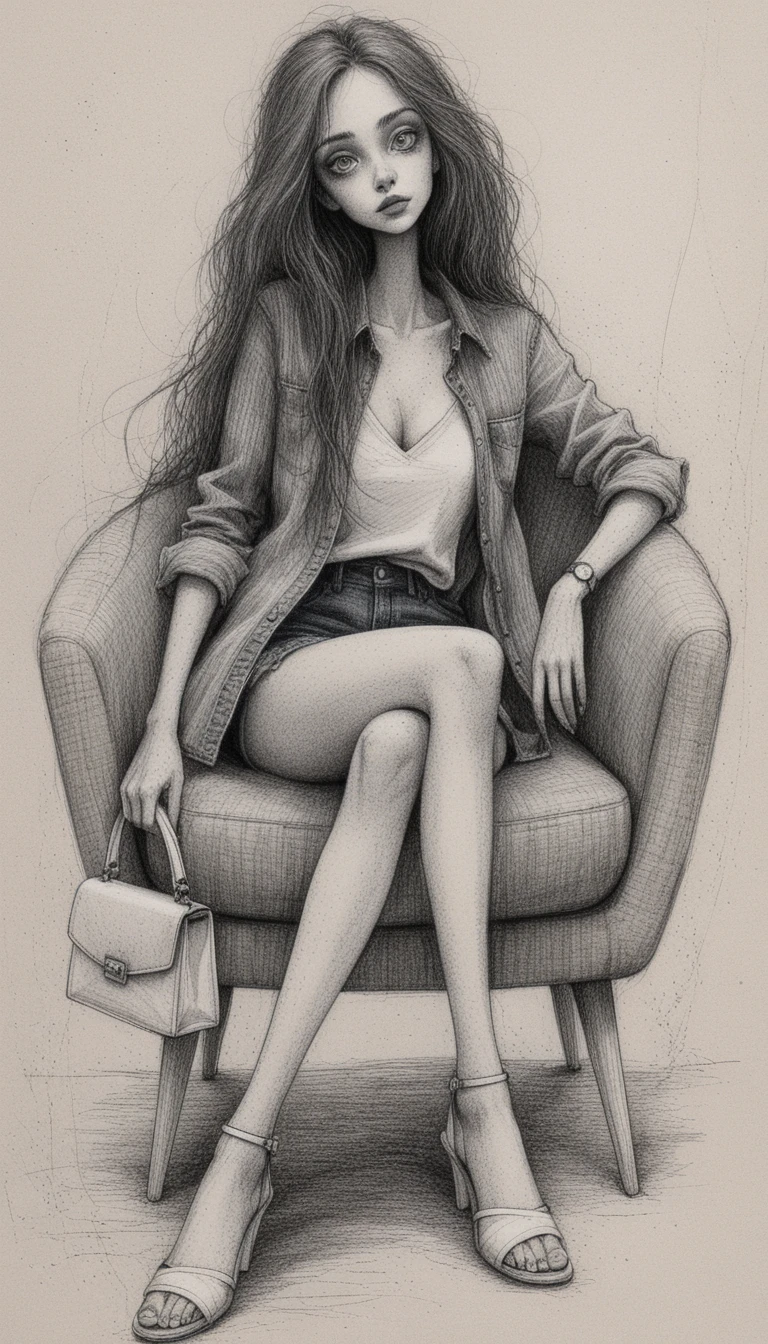 Ilustração sombria em tinta de uma mulher em uma poltrona moderna