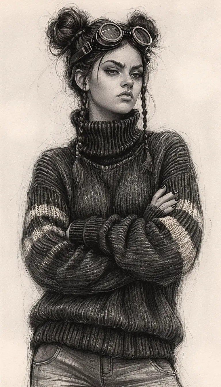 Rebellious girl in goggles pencil portrait with crossed arms