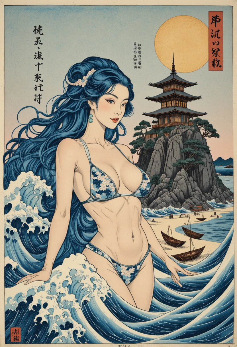 浮世繪風格的水之女神自翻湧紋樣巨浪中升起