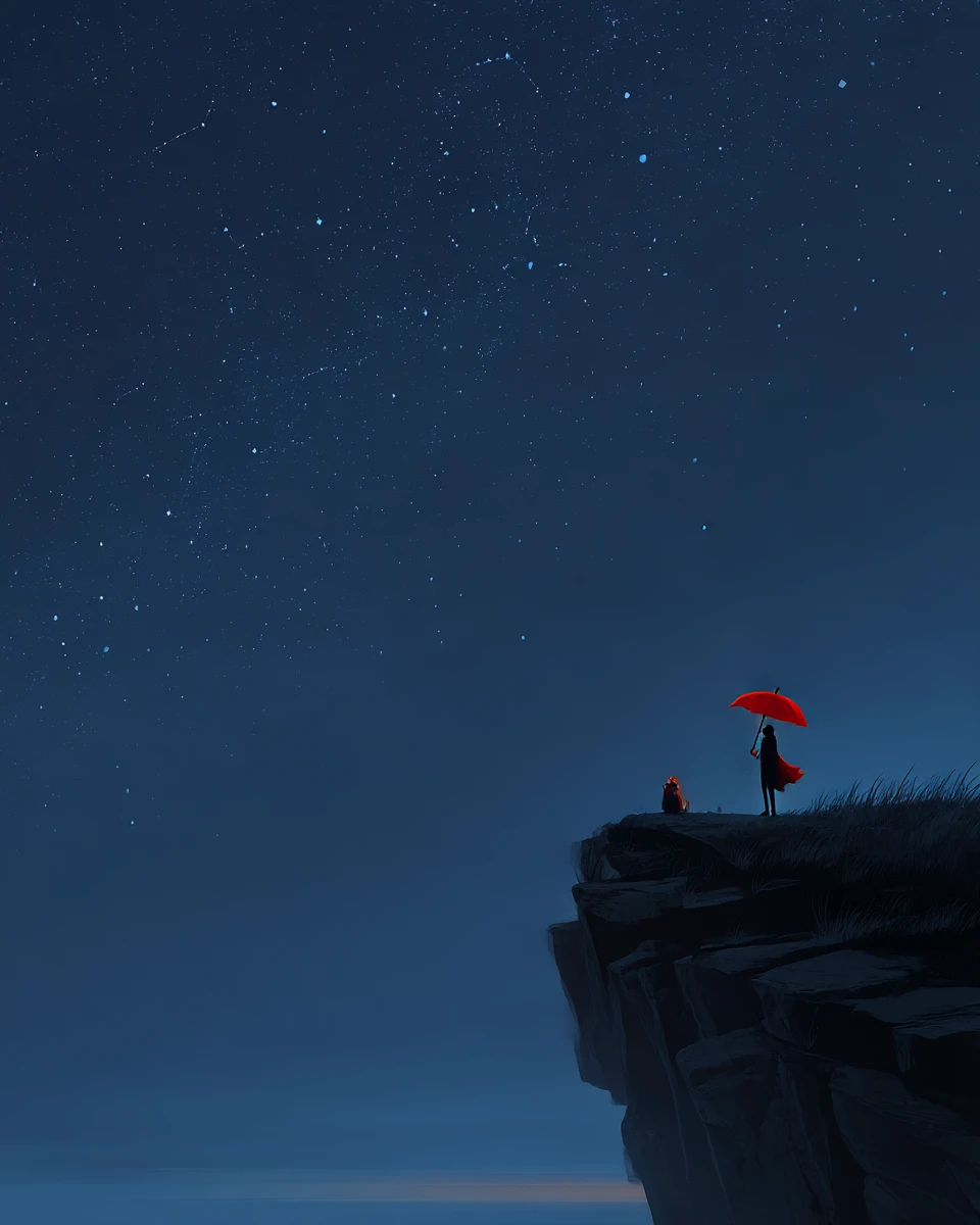 Lone traveler on a quiet cliff under a starry sky