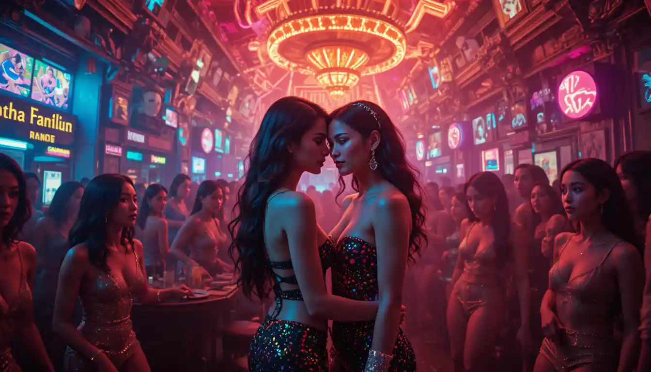 Lesbian couple embracing in a surreal neon Thai nightclub