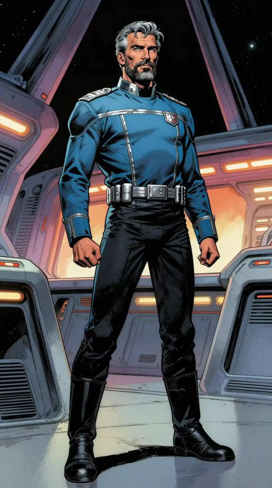 Grey haired starship captain on futuristic command bridge