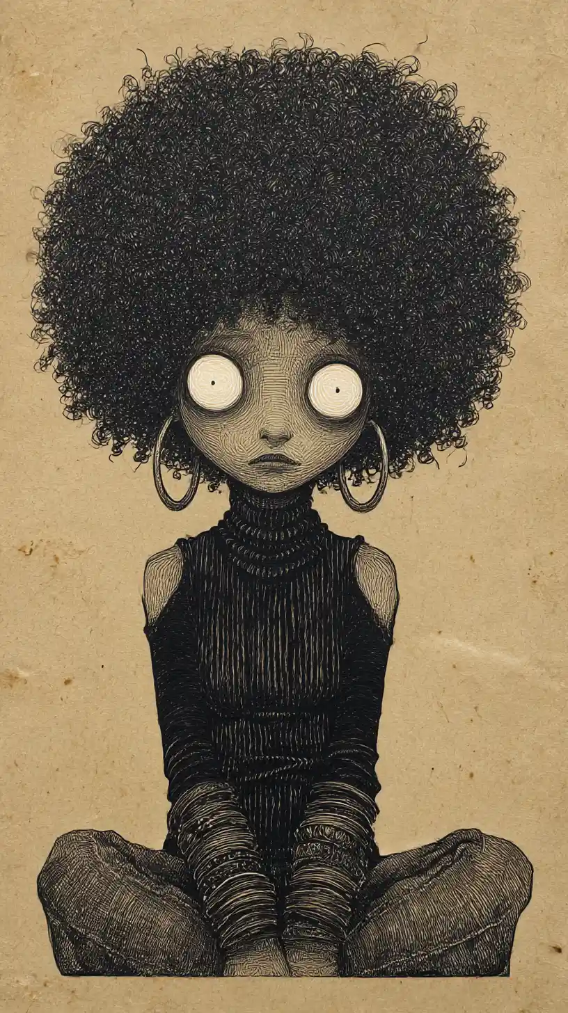 Dessin gothique au graphite d’une femme sombre aux yeux blancs