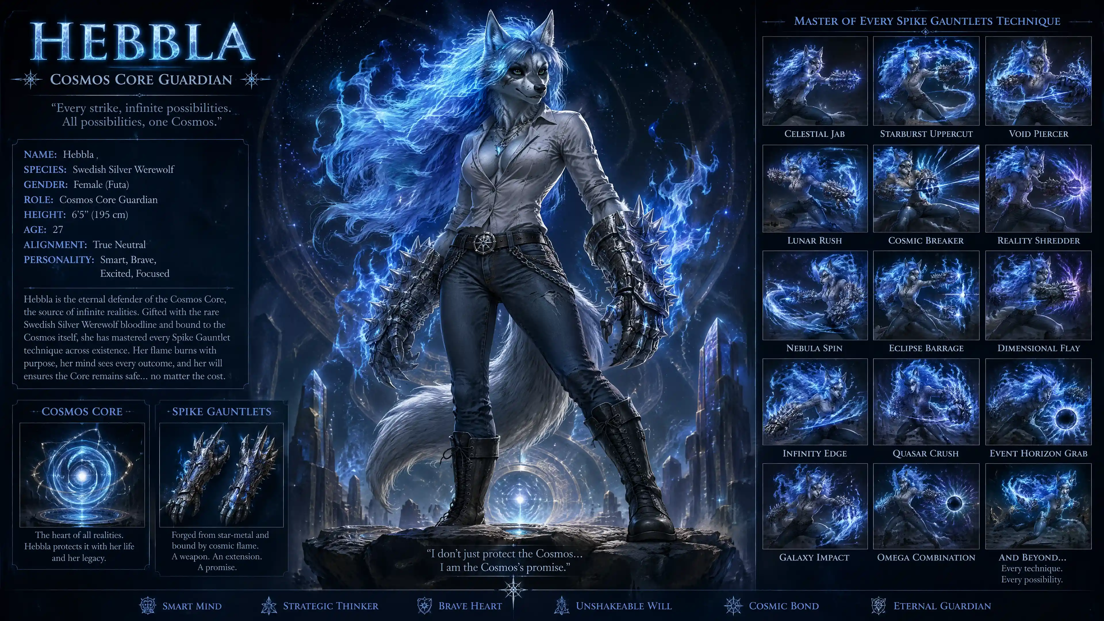 Blue haired silver werewolf woman in cosmic guardian armor
