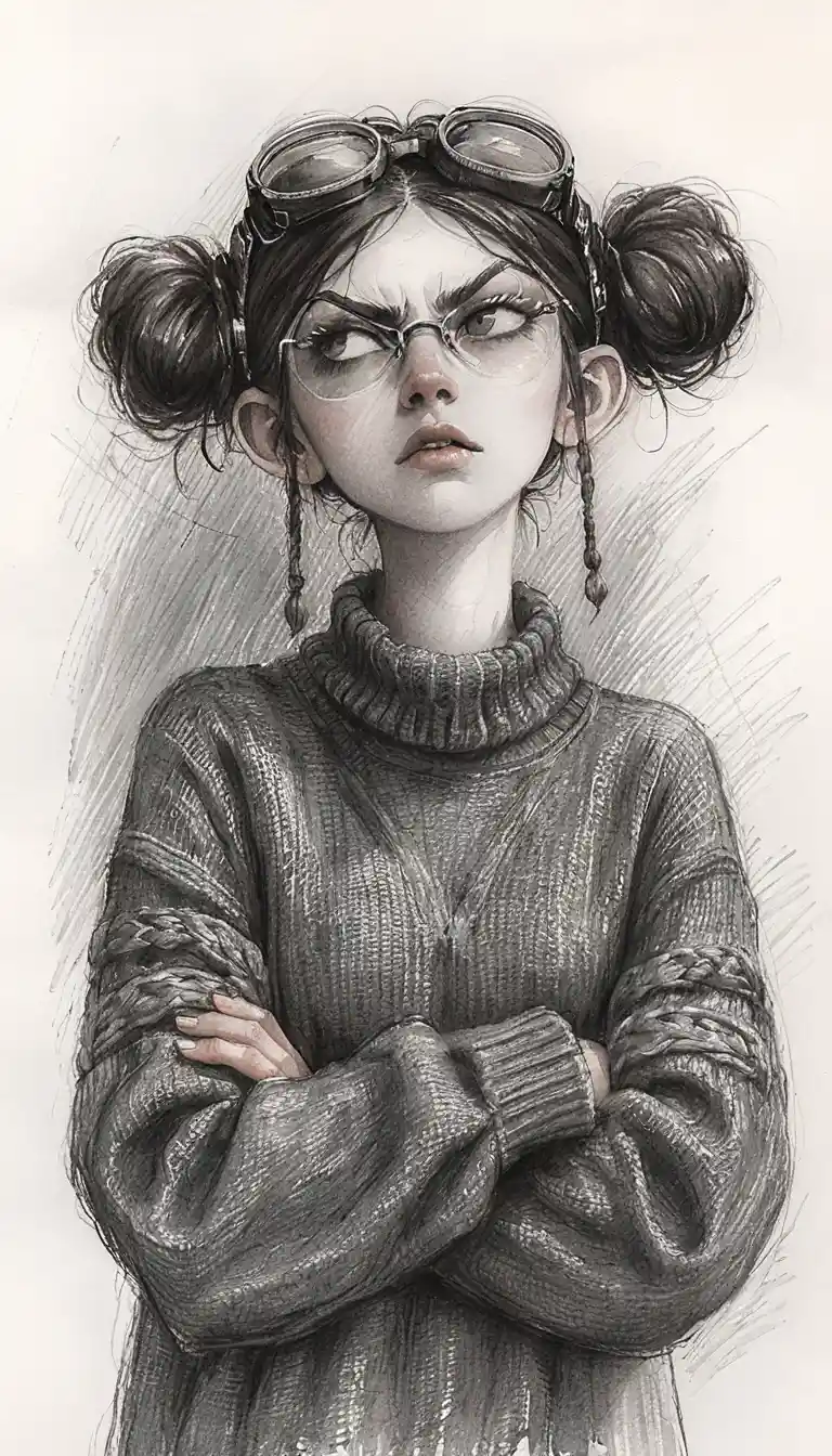 Moody girl with goggles in black and white pencil portrait