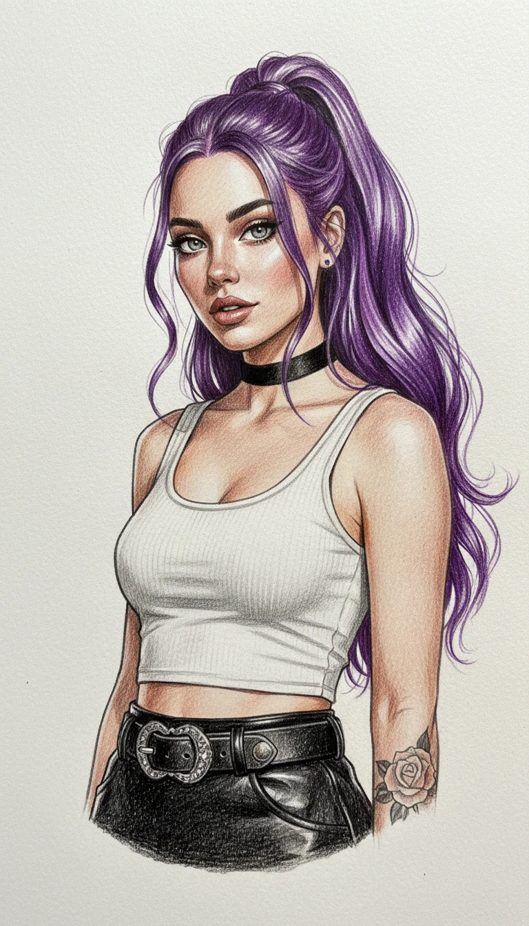 色鉛筆で描く紫髪の少女ポートレート
