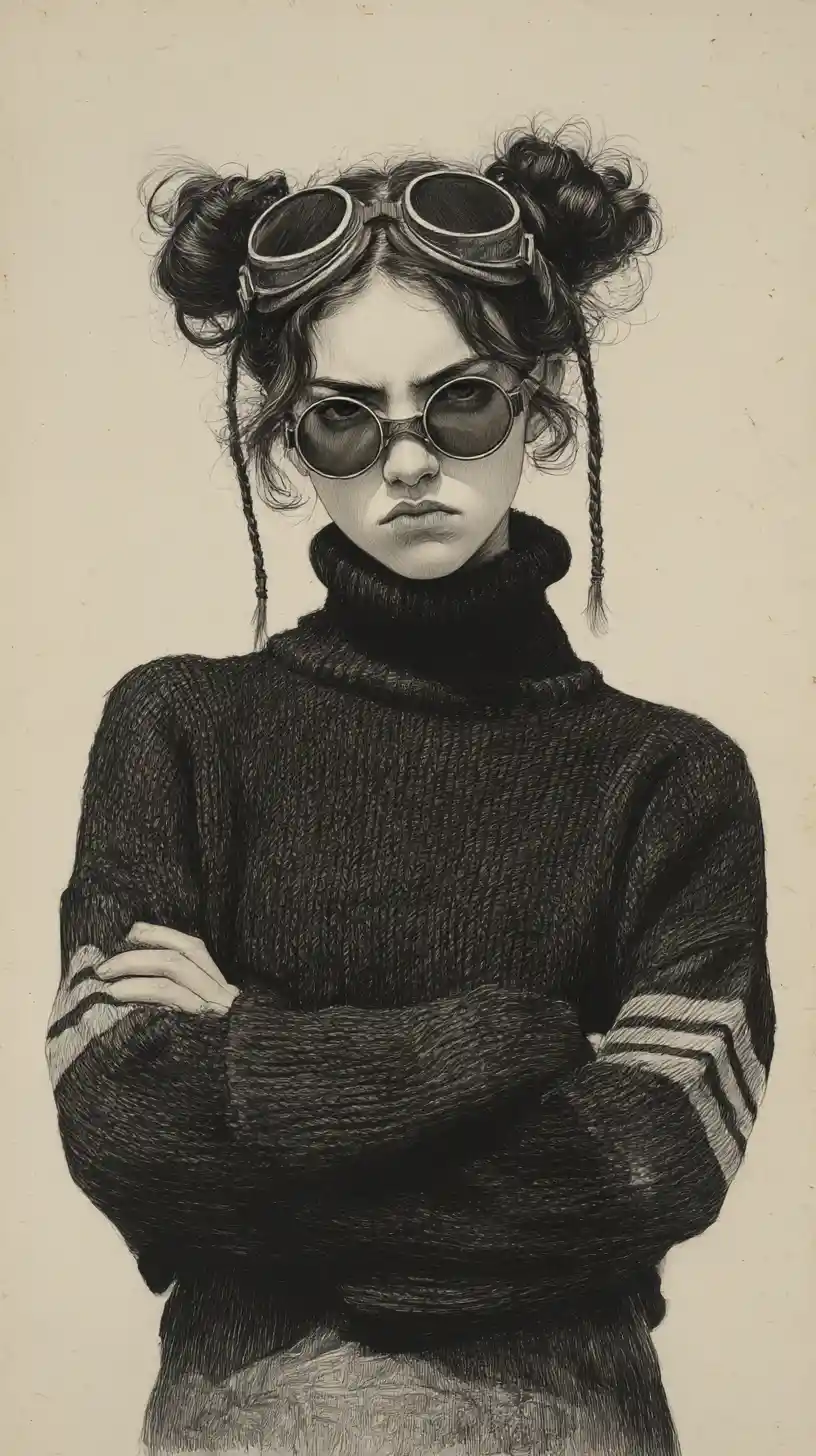 Moody pencil portrait of a rebellious girl with goggles