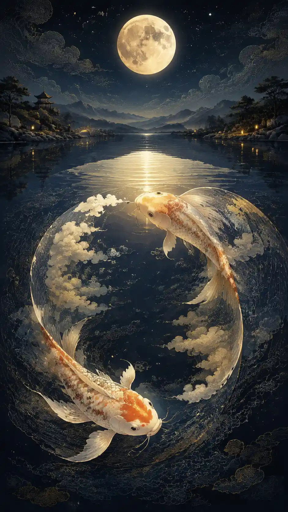 Luna piena che si trasforma nel riflesso di due koi gemelli