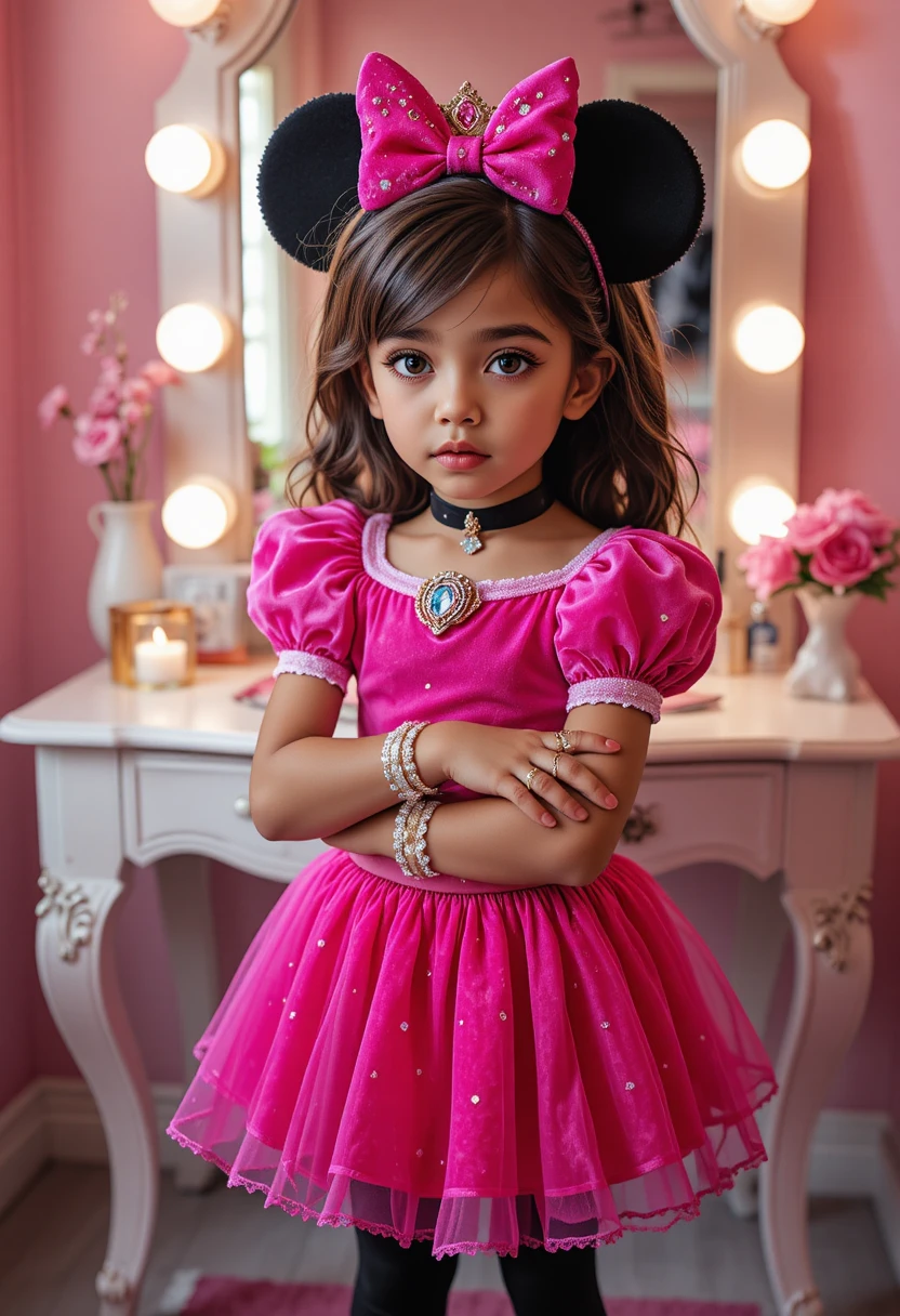 Menino hispânico nervoso em fantasia de princesa rosa ao lado da penteadeira