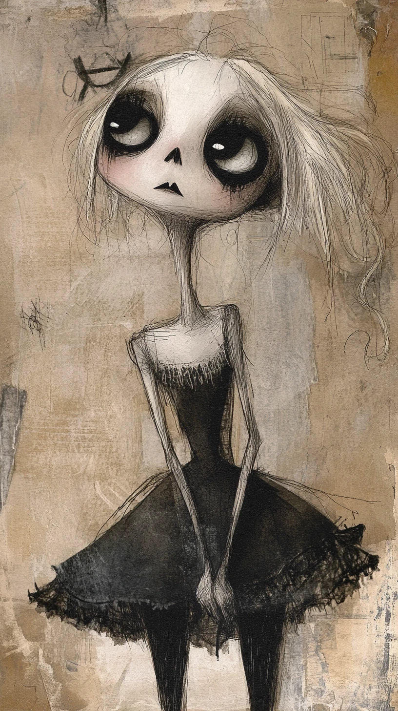 Mulher gótica de pescoço alongado em mixed media texturizado