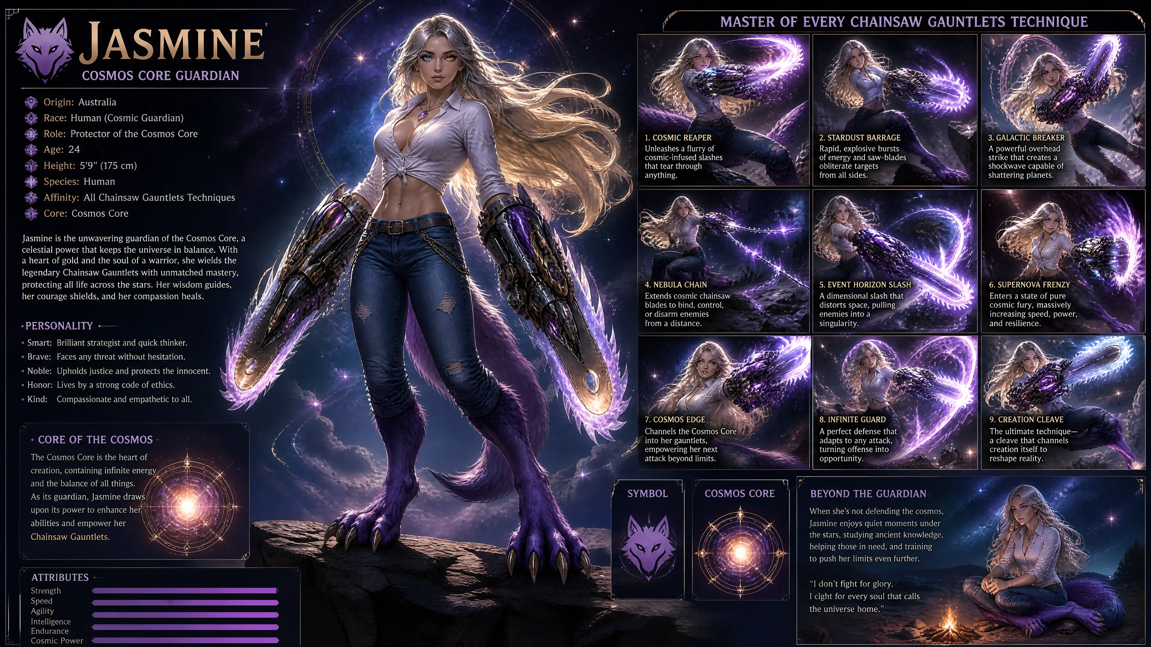 Heroic cosmic guardian woman with wolf legs