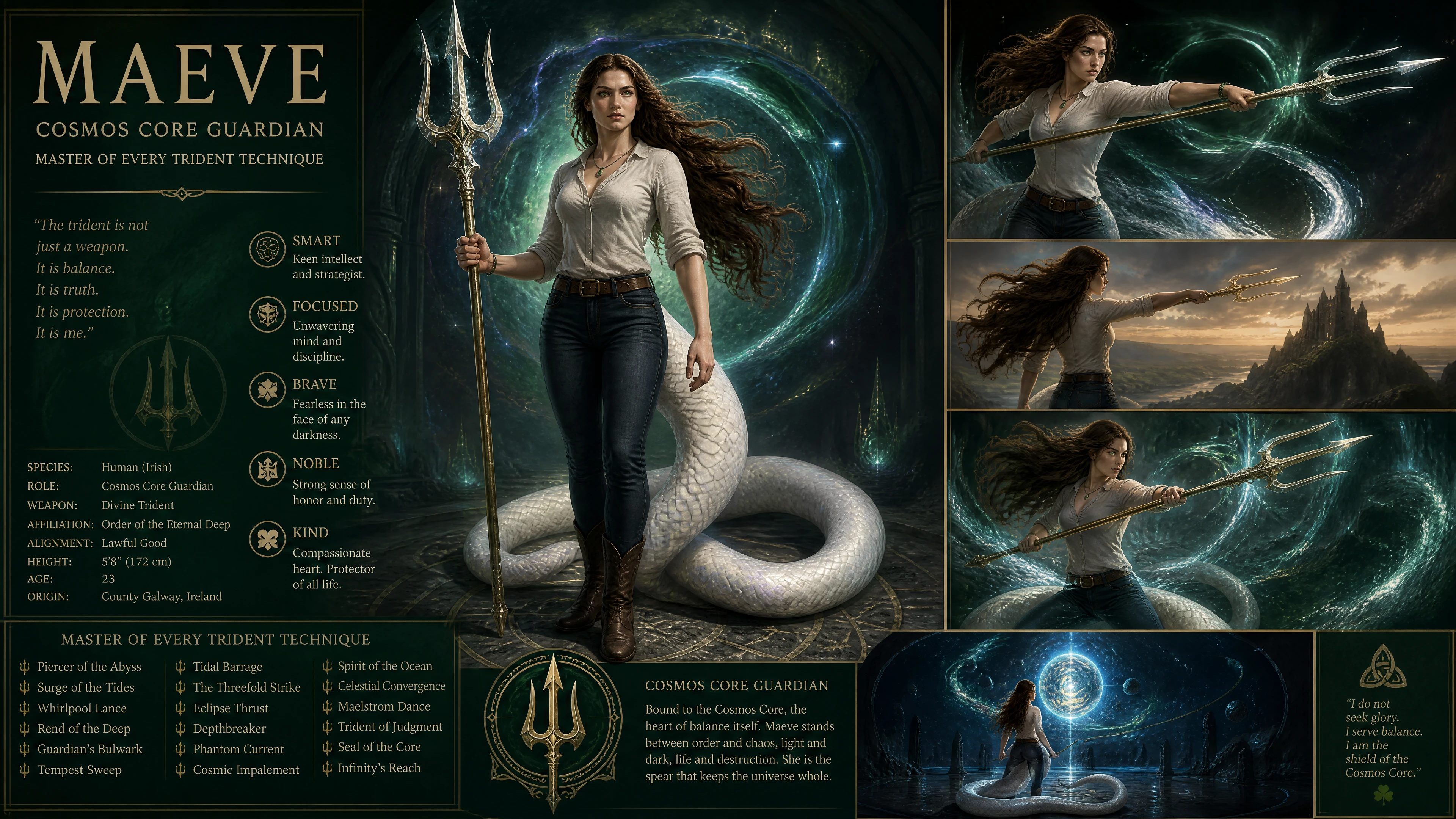 Brave cosmic guardian woman with white serpent tail