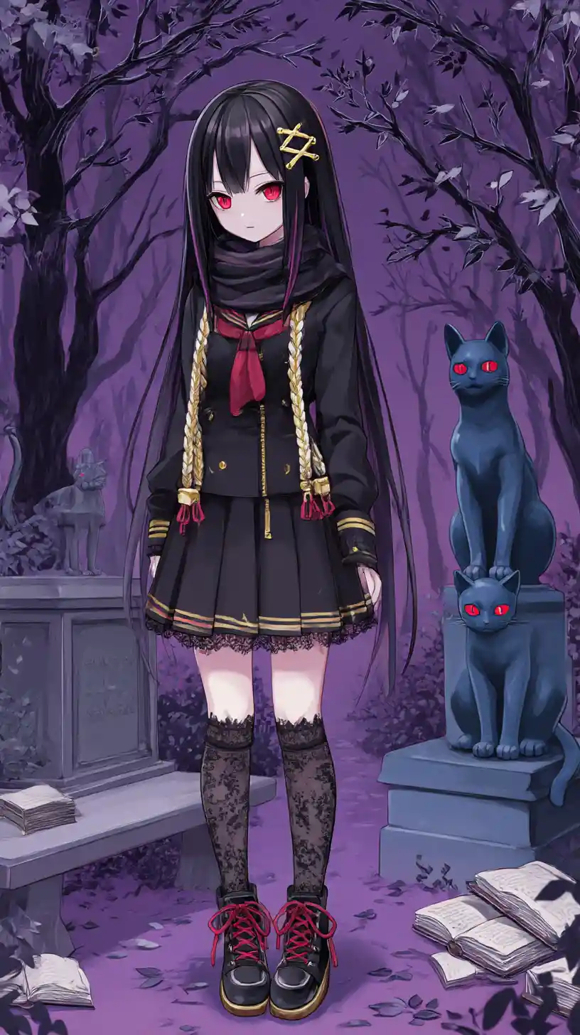 豪華な黒いジャケットとスカートを着た不気味なアニメ少女