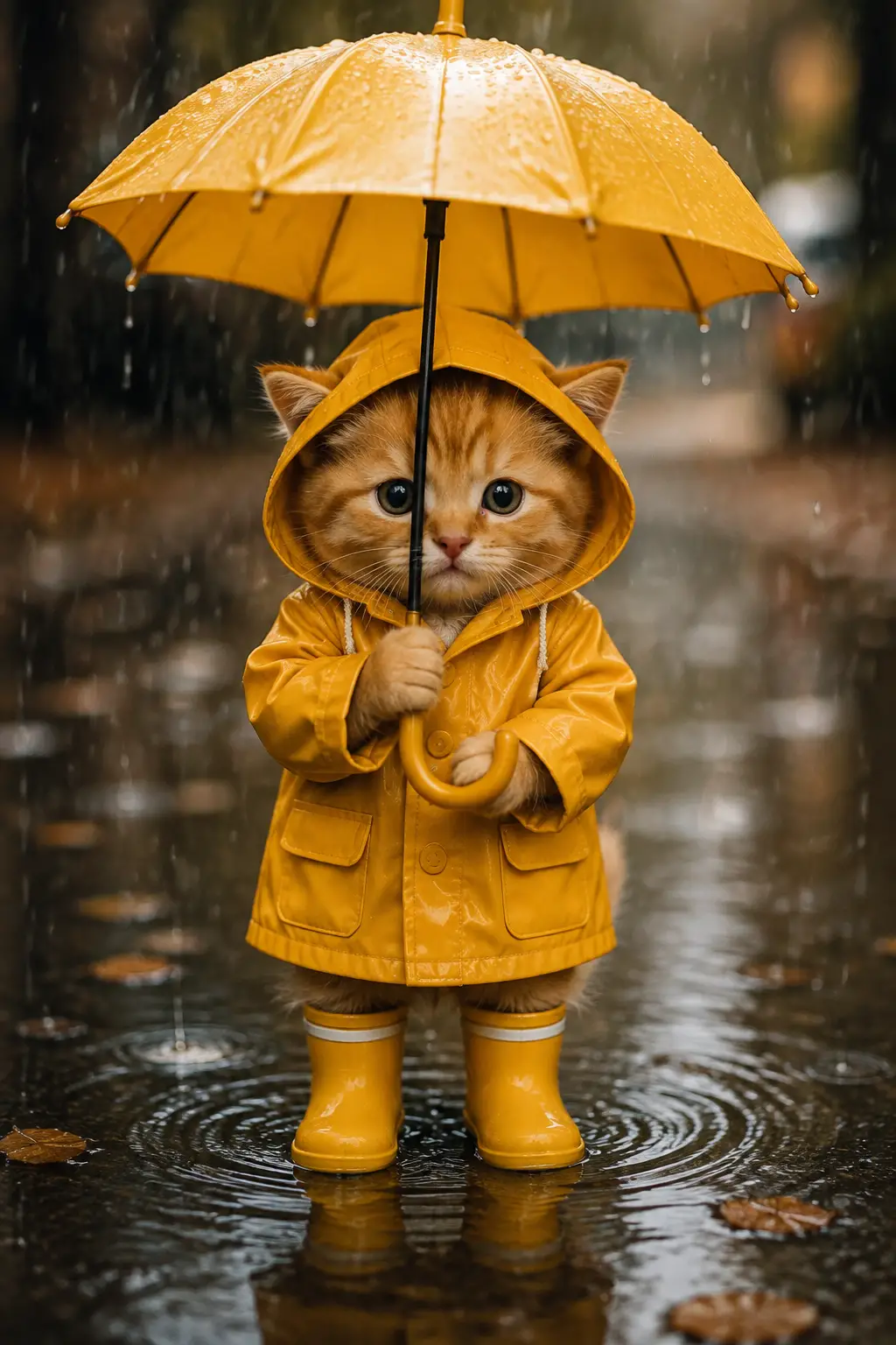 穿雨衣撐傘站著的小橘貓