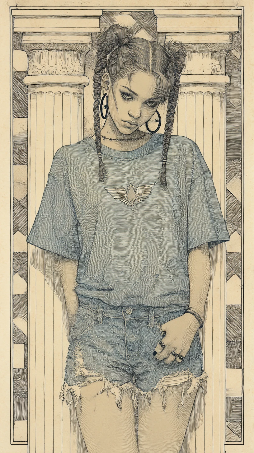 Confident girl in ink drawing with low angle gaze