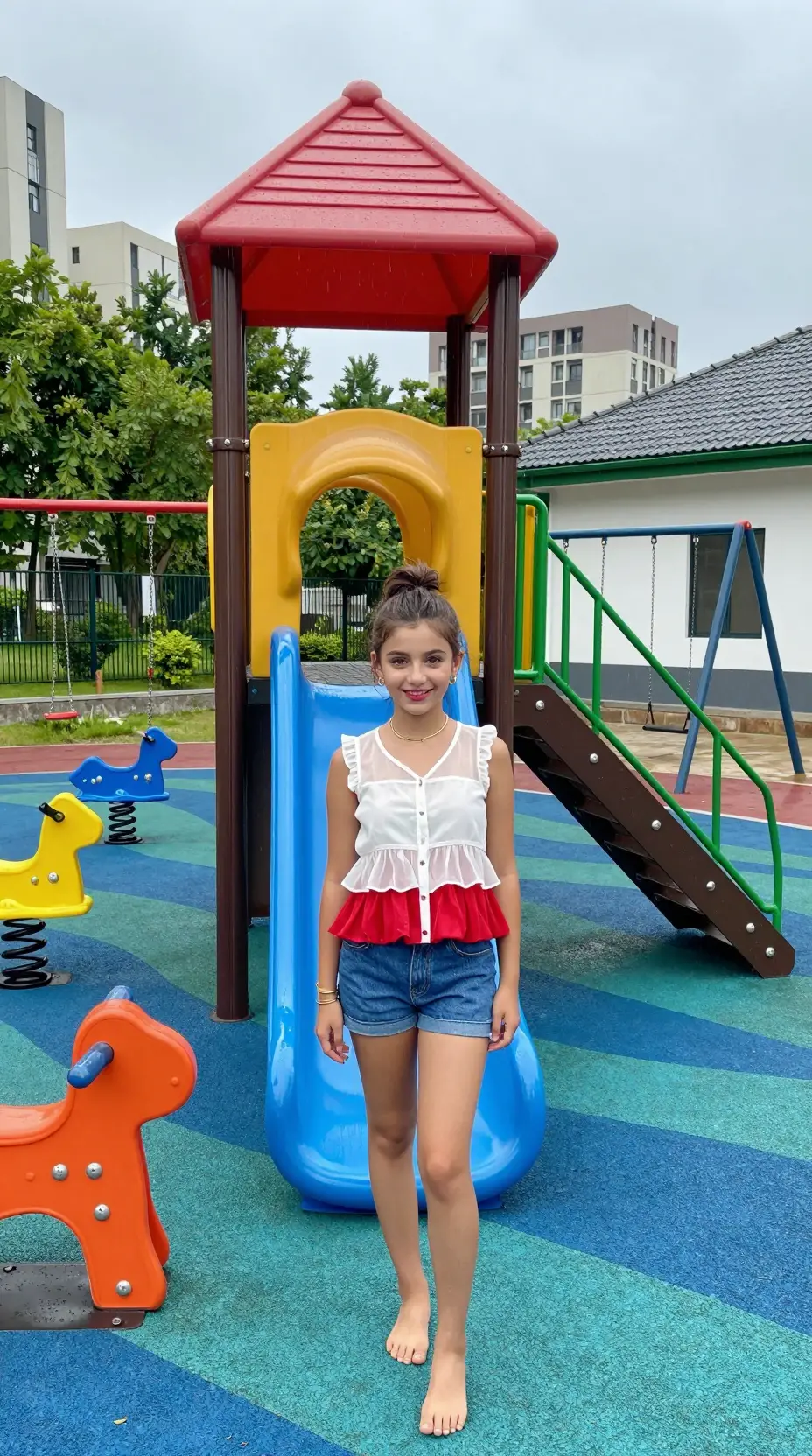 Lächelndes Mädchen im rot‑weißen Top auf einem städtischen Spielplatz
