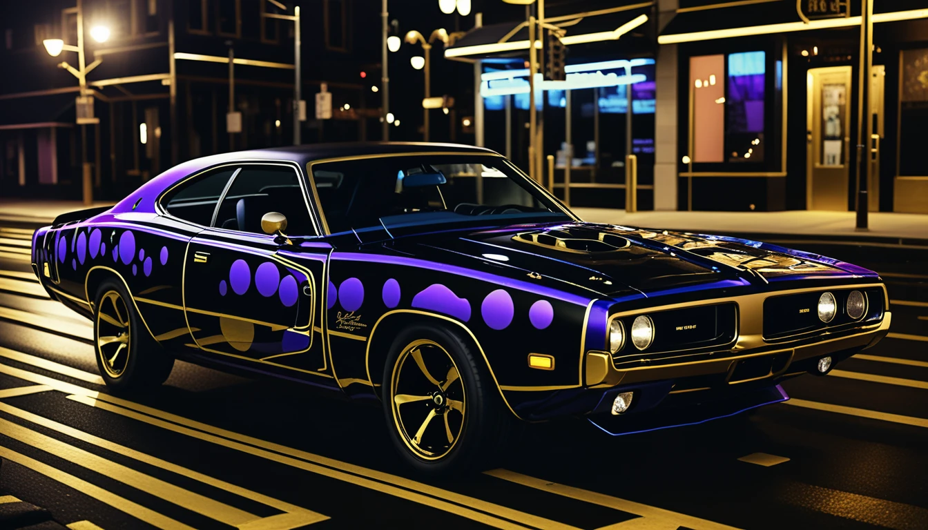 Surrealer Muscle-Car auf neonbeleuchteter Stadtstraße in der Dämmerung