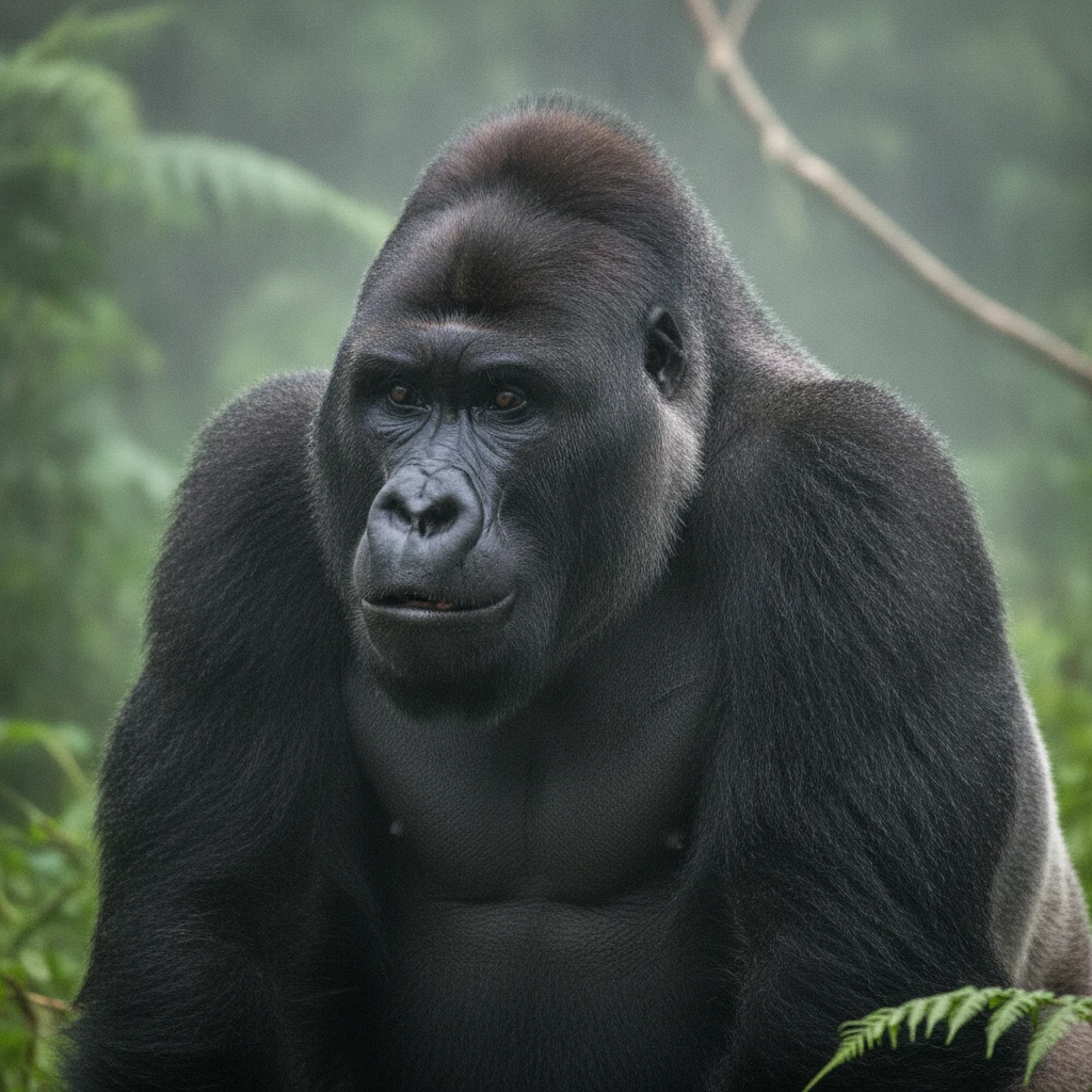 Majestätischer Gorilla aus der Nähe in nebligem Dschungel