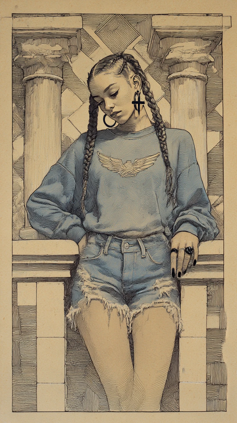 Confident girl in ink drawing with architectural background
