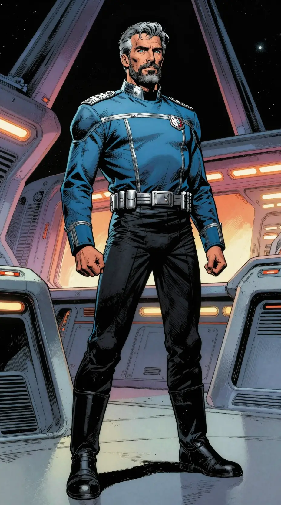 Grey haired starship captain on futuristic command bridge