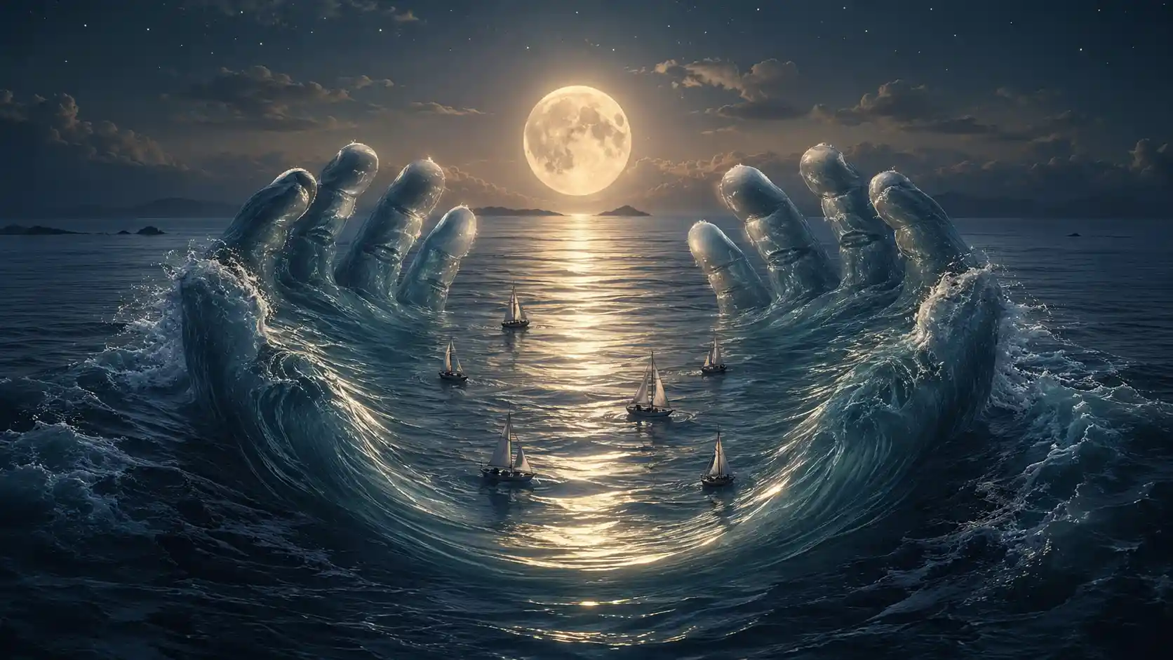 Mani surreali dell’oceano che cullano il riflesso luminoso della luna