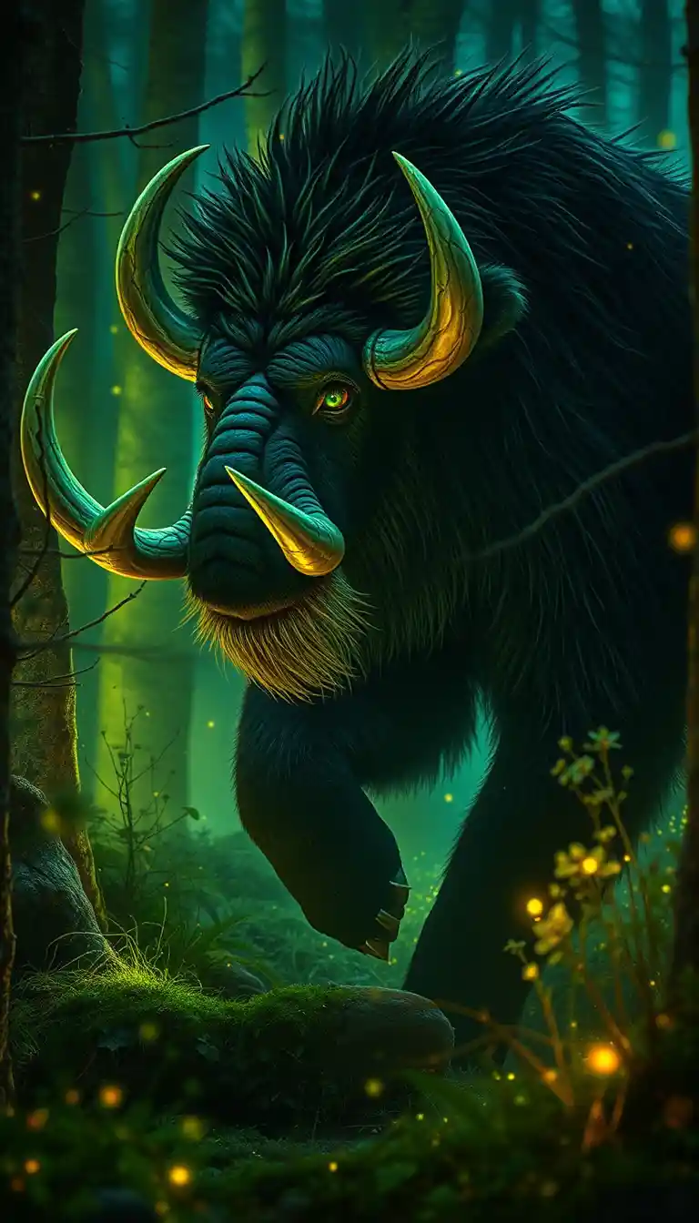 在發光生物螢光奇幻森林中衝鋒的猛瑪象